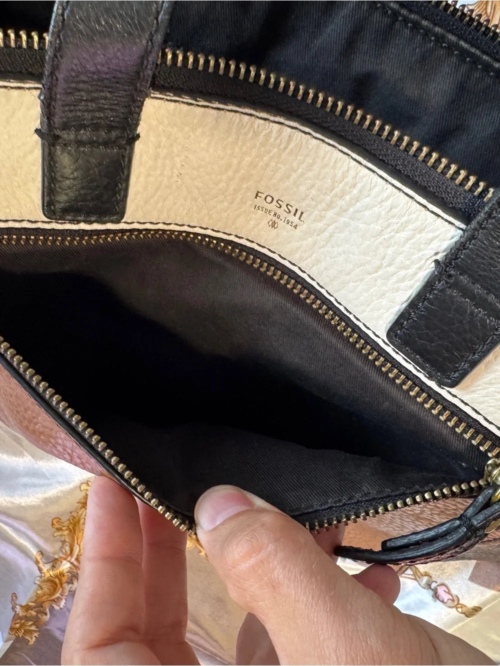 Fossil Tri-Color Pebbled Leather Satchel — Black, Brown & Cream